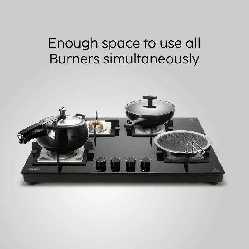 Glen 4 Burner Built-in Glass Hob | Premium Forged Brass Burners | Auto Ignition | Toughened Glass Finish