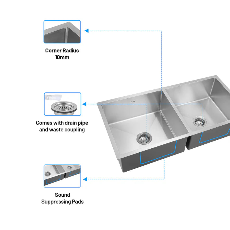 Glen 37" x 18" x 9" Sink 304 Grade Stainless Steel Handmade Double Bowl Kitchen Sink | Matte Finish | Heavy-Duty