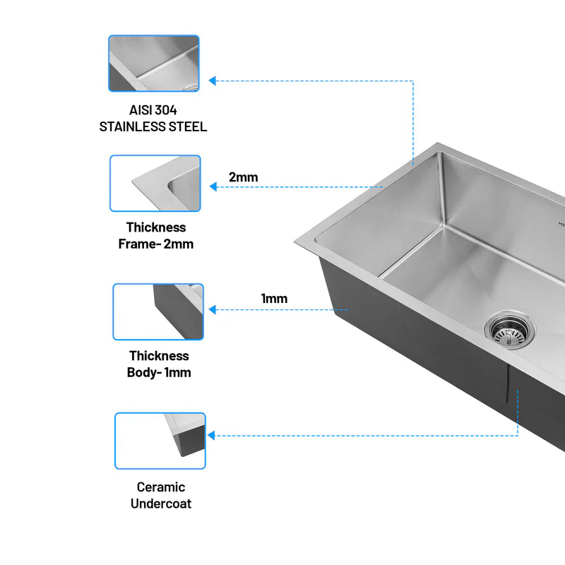 Glen 30" x 18" x 9" Sink 304 Grade Glen Stainless Steel Handmade Single Bowl Kitchen Sink | Matte Finish | Heavy-Duty
