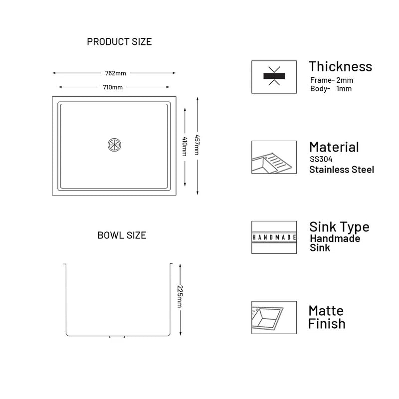 Glen 30" x 18" x 9" Sink 304 Grade Glen Stainless Steel Handmade Single Bowl Kitchen Sink | Matte Finish | Heavy-Duty