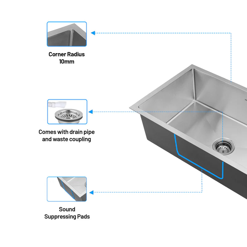 Glen 30" x 18" x 9" Sink 304 Grade Glen Stainless Steel Handmade Single Bowl Kitchen Sink | Matte Finish | Heavy-Duty