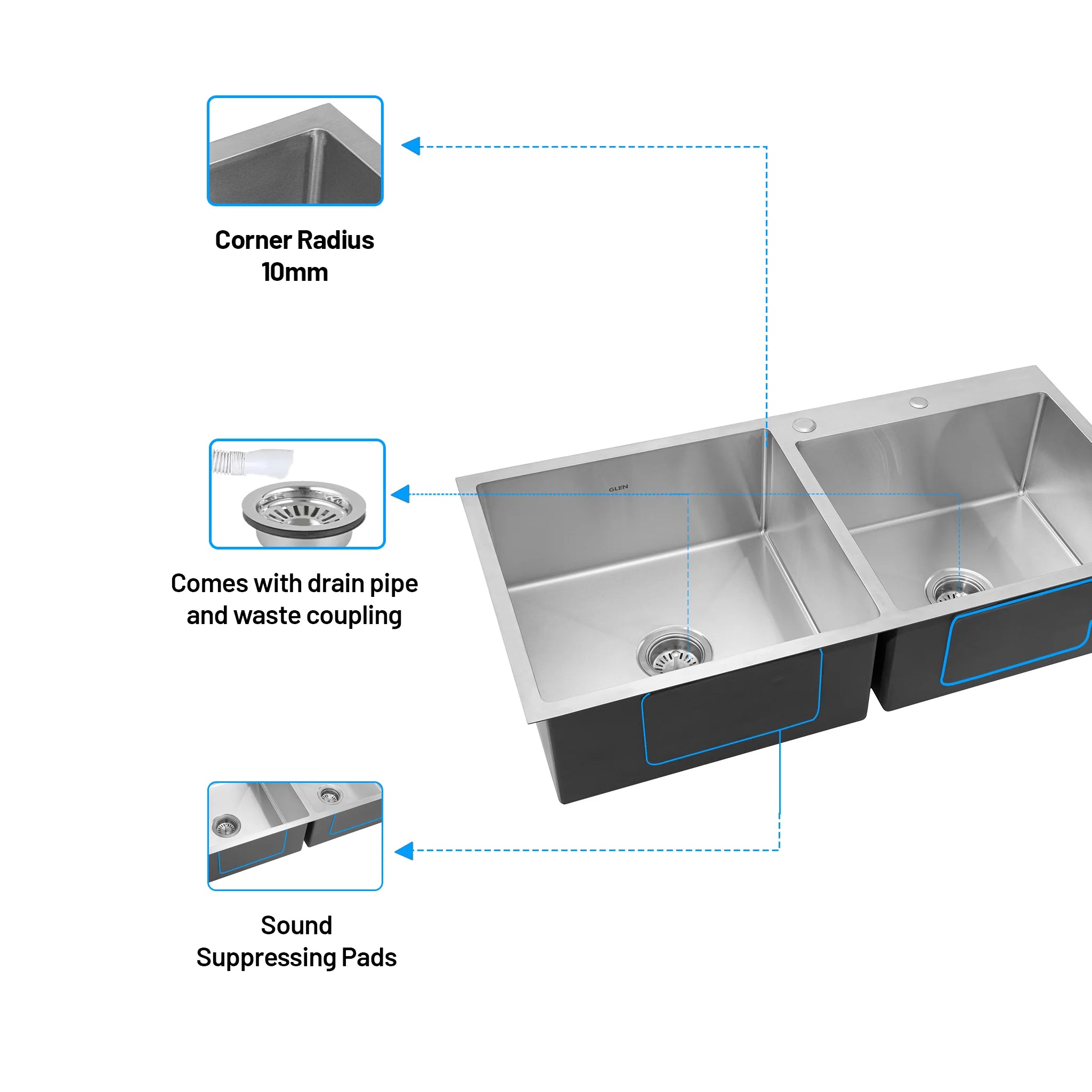 Glen 37" x 20" x 9" Sink 304 Grade Glen Stainless Steel Handmade Double Bowl Kitchen Sink | Matte Finish | Heavy-Duty