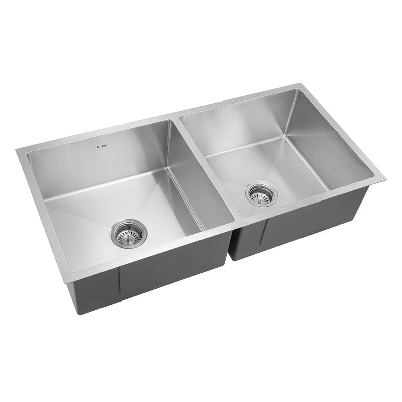 Glen 37" x 18" x 9" Sink 304 Grade Stainless Steel Handmade Double Bowl Kitchen Sink | Matte Finish | Heavy-Duty