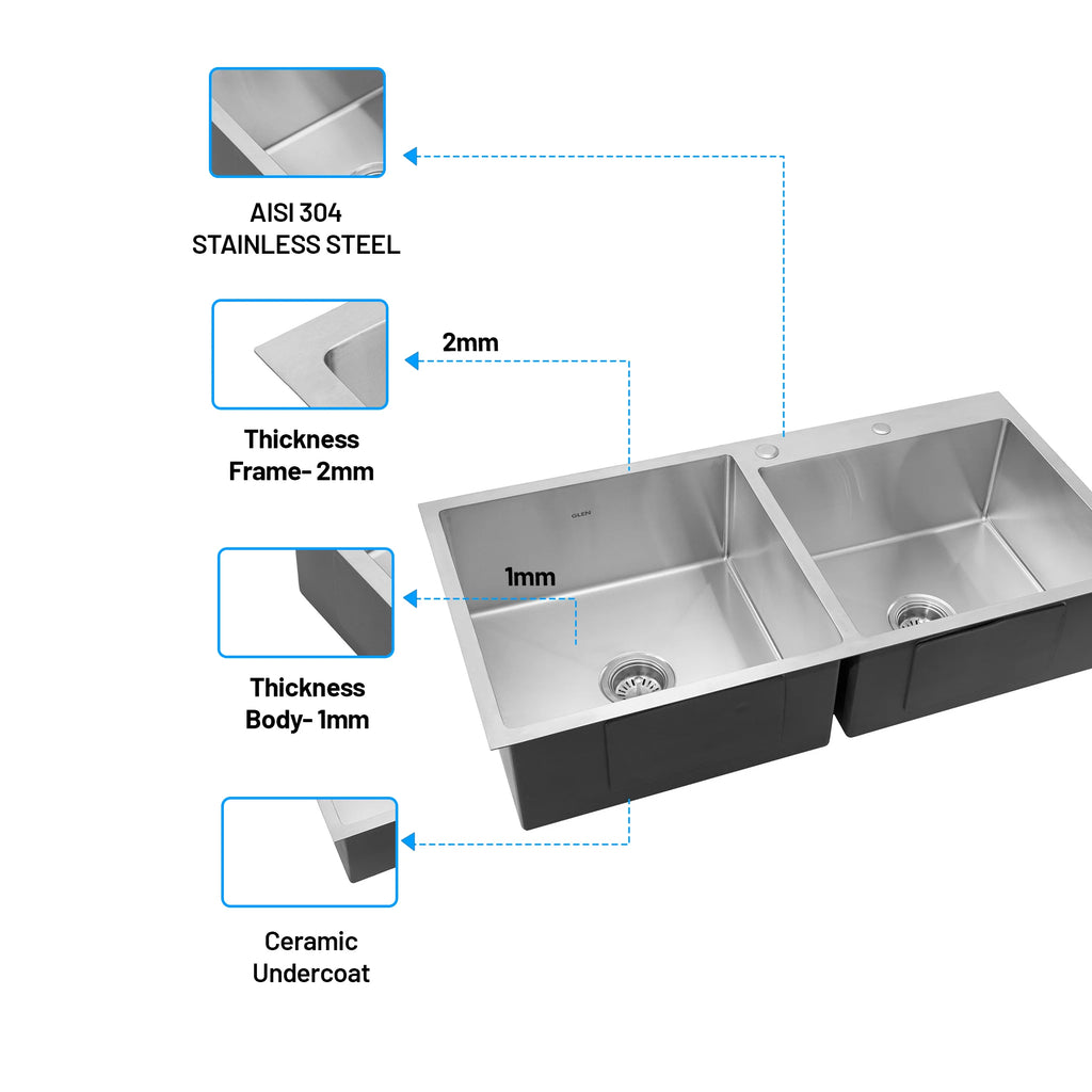 Glen 37" x 20" x 9" Sink 304 Grade Glen Stainless Steel Handmade Double Bowl Kitchen Sink | Matte Finish | Heavy-Duty