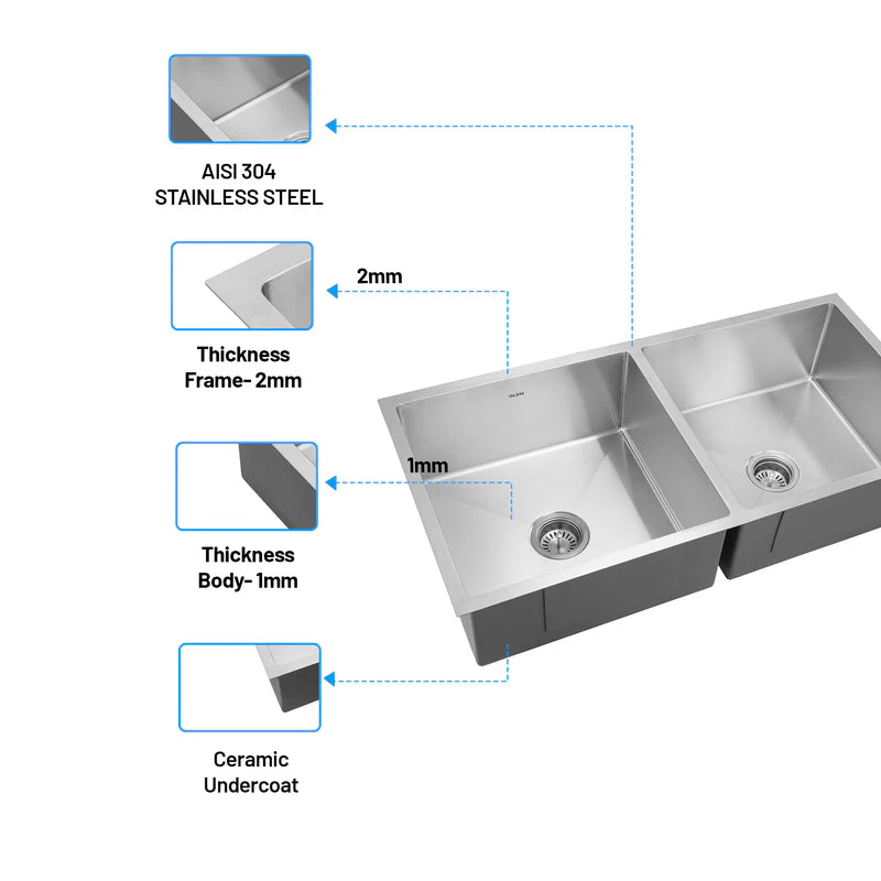Glen 37" x 18" x 9" Sink 304 Grade Stainless Steel Handmade Double Bowl Kitchen Sink | Matte Finish | Heavy-Duty