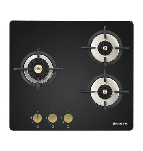Faber Maxus 60 cm 3 Brass Burner Built-in Gas Hob with Black Tempered Glass Top | Auto-Ignition