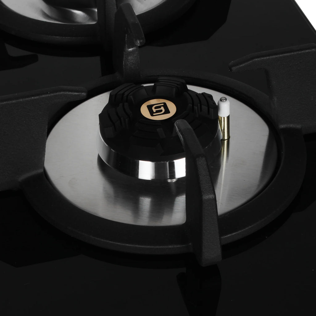 Faber Maxus 60 cm 3 Brass Burner Built-in Gas Hob with Black Tempered Glass Top | Auto-Ignition