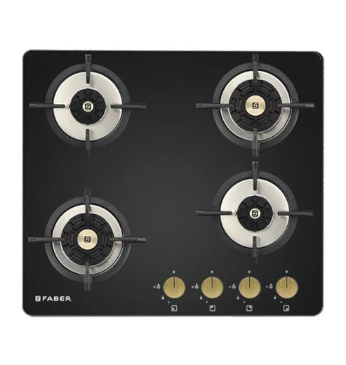 Faber Maxus 60 cm 4 Brass Burner Built-in Gas Hob with Black Tempered Glass Top | Auto-Ignition