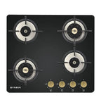 Faber Maxus 60 cm 4 Brass Burner Built-in Gas Hob with Black Tempered Glass Top | Auto-Ignition
