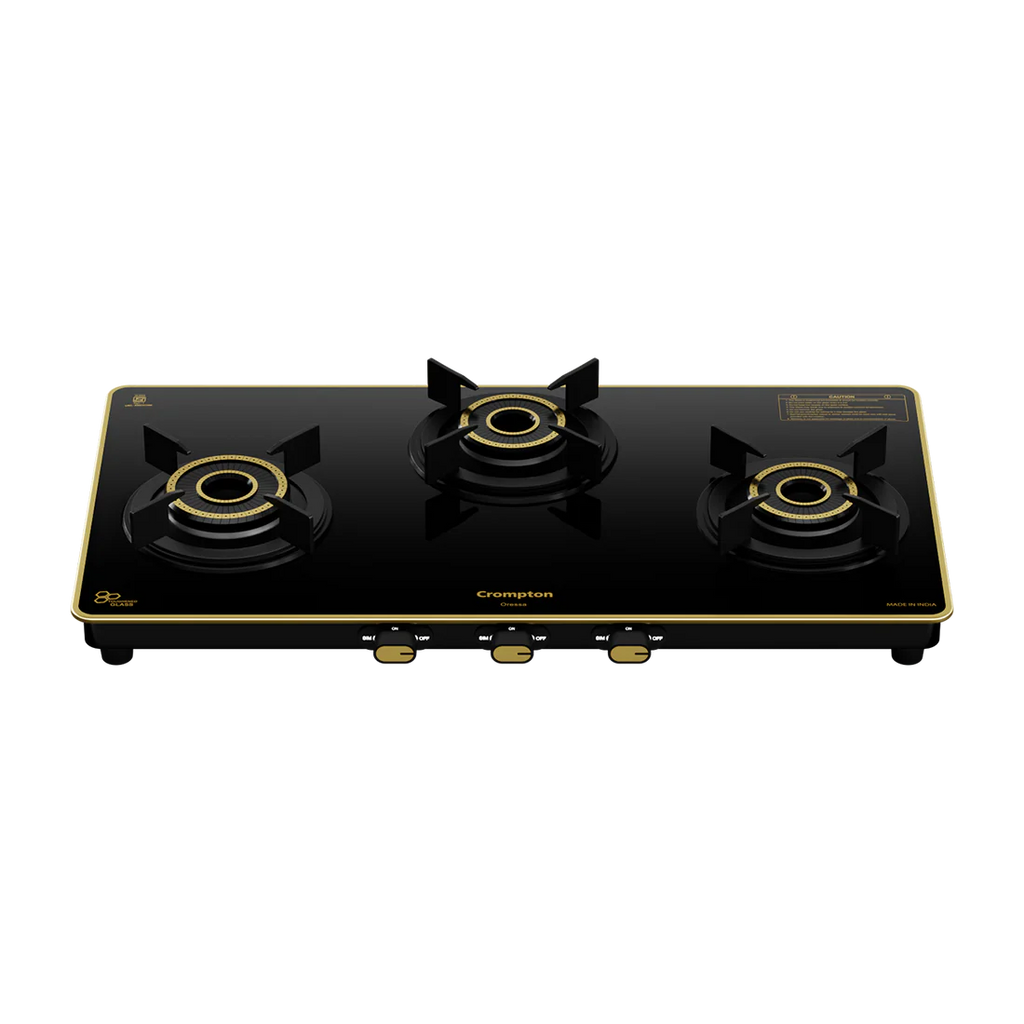 Crompton Oressa 3 Burner 72 cm Slim Glass Cooktop | Premium Brass Burners | Cooktop