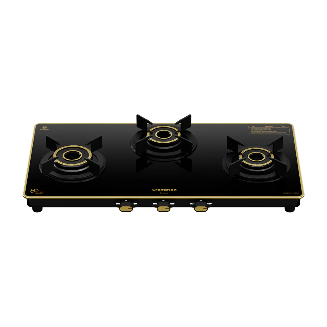 Crompton Oressa 3 Burner 72 cm Slim Glass Cooktop | Premium Brass Burners | Cooktop