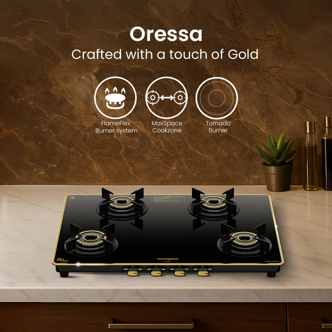 Crompton Oressa 4 Burner 70 cm Slim Glass Cooktop | Premium Brass Burners | Cookto