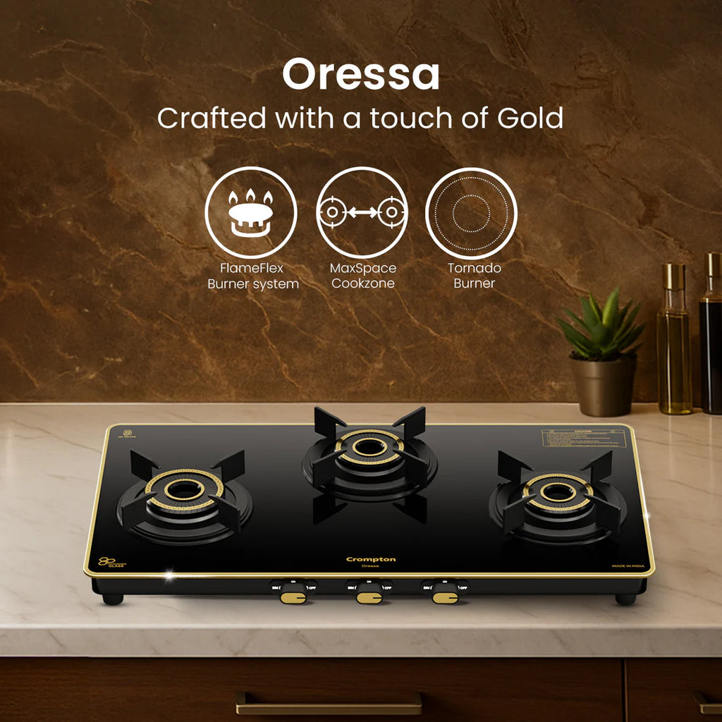 Crompton Oressa 3 Burner 72 cm Slim Glass Cooktop | Premium Brass Burners | Cooktop
