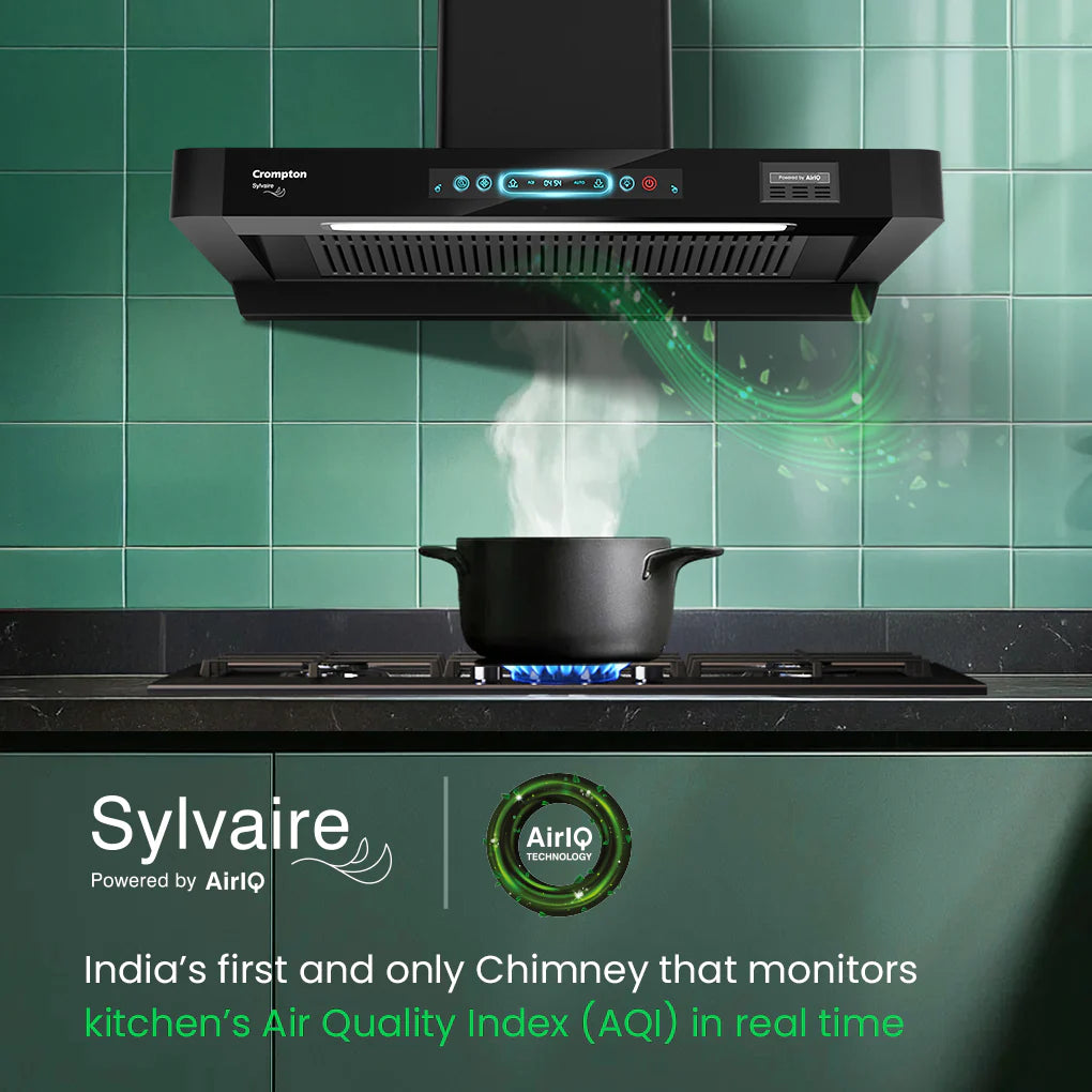 Crompton Sylvaire 90 cm Chimney | Filterless Technology | 2100 m³/hr Suction | Smart ON feature | Auto Clean