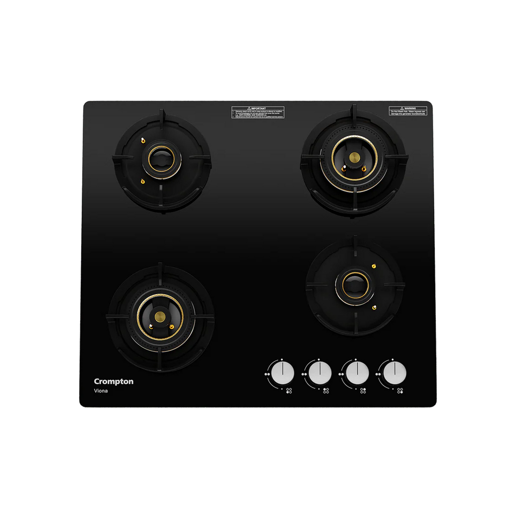 Crompton Hob Viona  Black 60 cm 4 Burner | Premium Brass Burners | Auto Ignition | Toughened Glass Finish