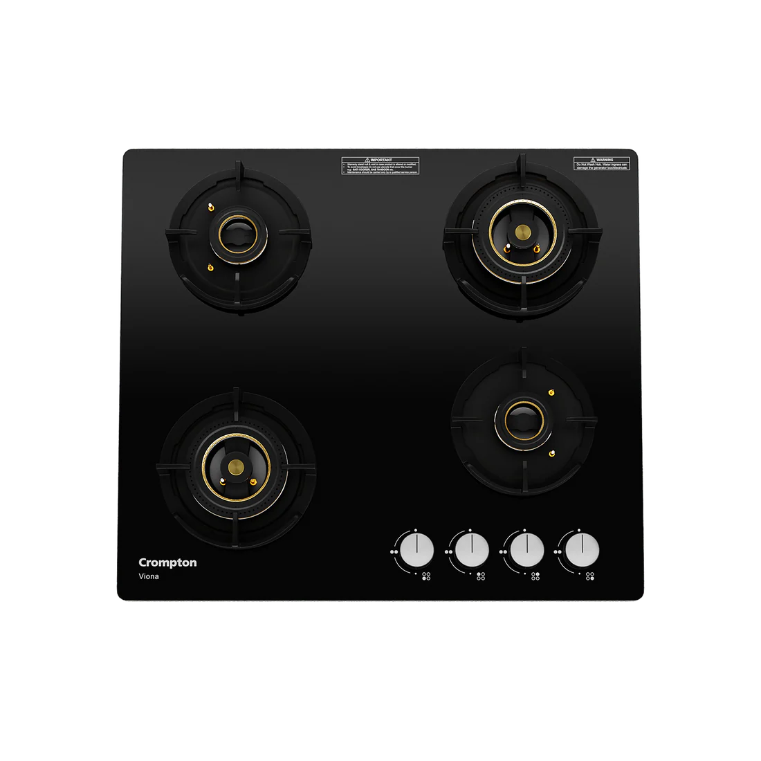Crompton Hob Viona  Black 60 cm 4 Burner | Premium Brass Burners | Auto Ignition | Toughened Glass Finish