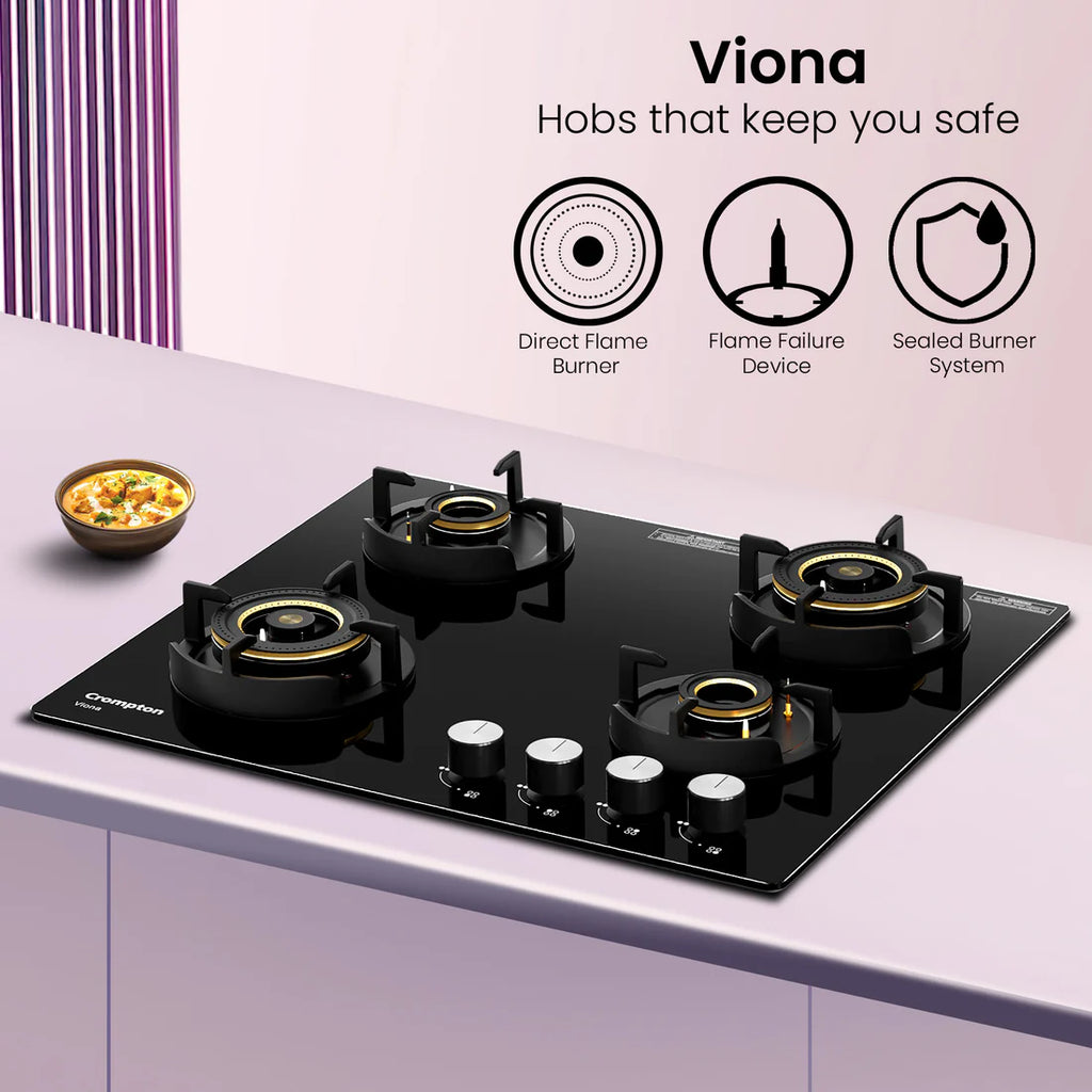 Crompton Hob Viona  Black 60 cm 4 Burner | Premium Brass Burners | Auto Ignition | Toughened Glass Finish