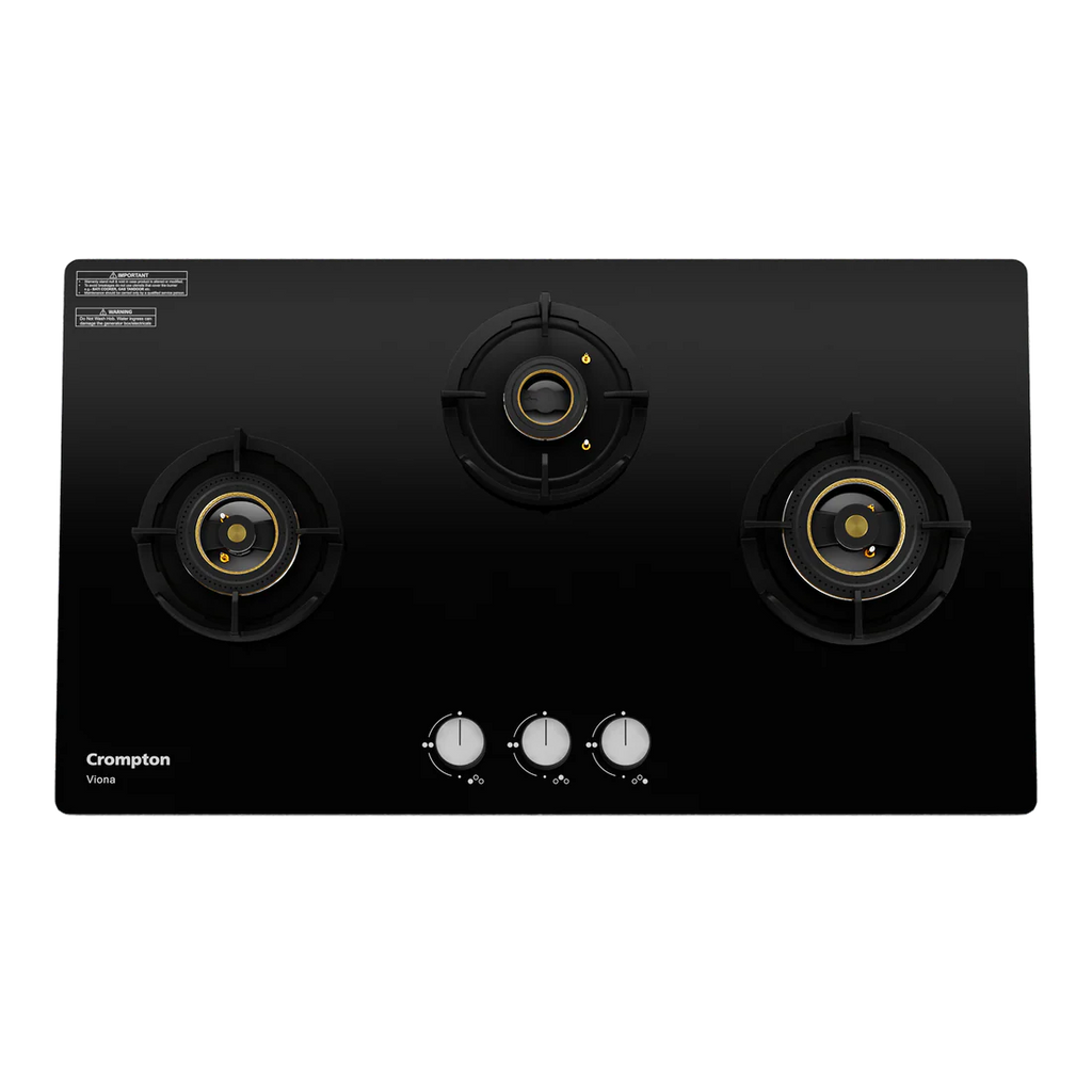 Crompton Hob Viona  Black 78 cm 3 Burner | Premium Brass Burners | Auto Ignition | Toughened Glass Finish