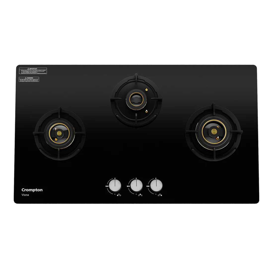 Crompton Hob Viona  Black 78 cm 3 Burner | Premium Brass Burners | Auto Ignition | Toughened Glass Finish