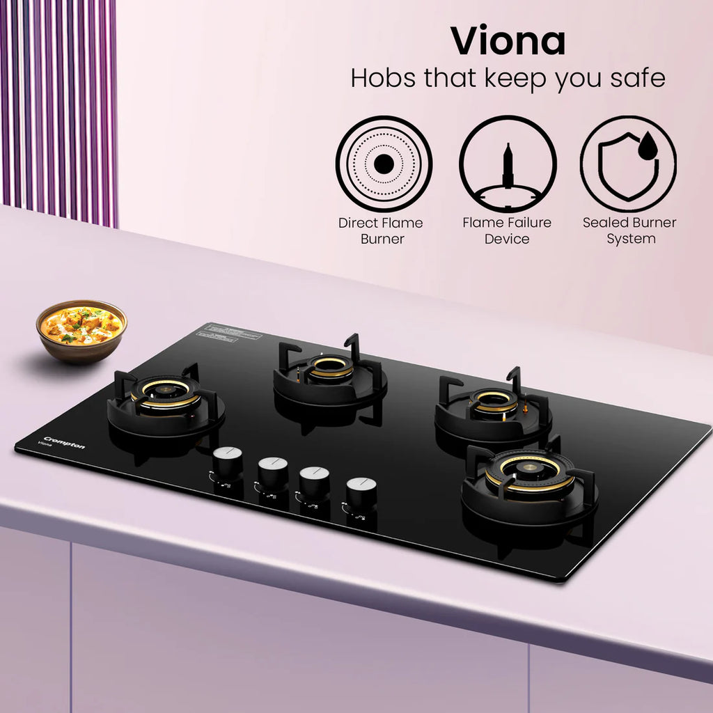 Crompton Hob Viona  Black 82 cm 4 Burner | Premium Brass Burners | Auto Ignition | Toughened Glass Finish