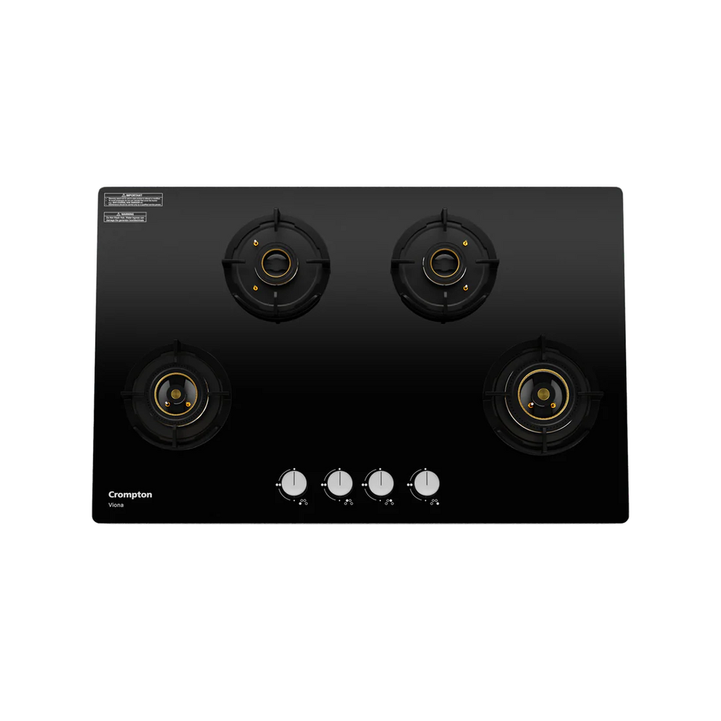 Crompton Hob Viona  Black 82 cm 4 Burner | Premium Brass Burners | Auto Ignition | Toughened Glass Finish
