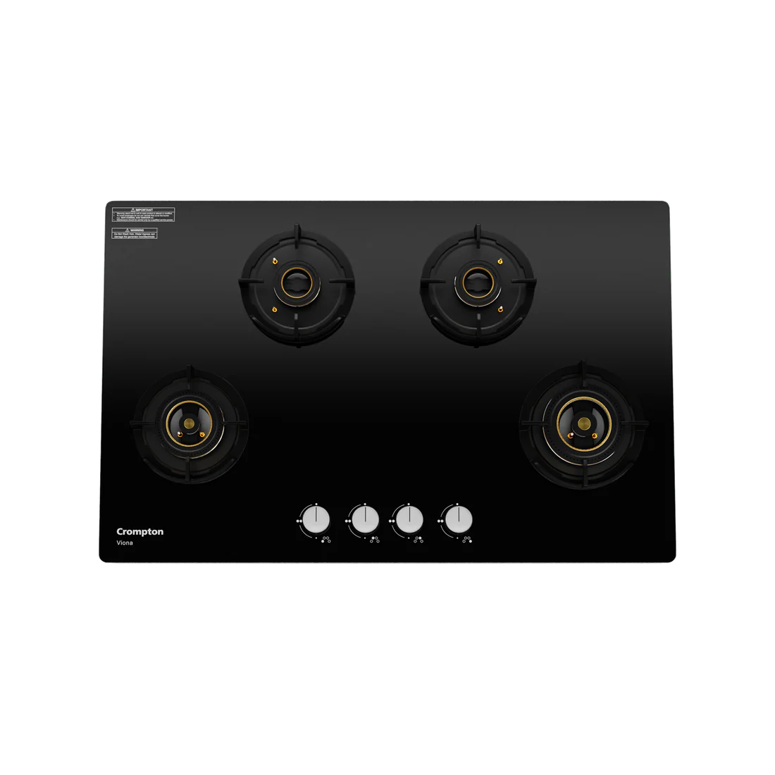 Crompton Hob Viona  Black 82 cm 4 Burner | Premium Brass Burners | Auto Ignition | Toughened Glass Finish