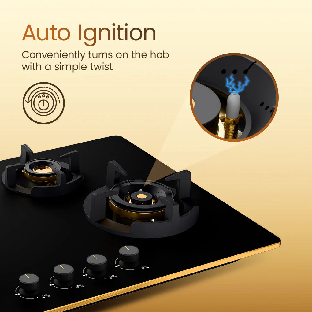 Crompton Hob Viona Plus Matte Black 82 cm 4 Burner | Premium Brass Burners | Auto Ignition | Toughened Glass Finish